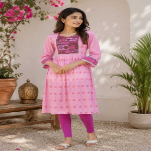 Pink Cotton Printed Kurti