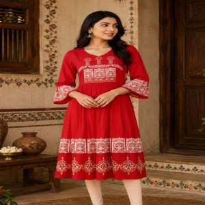 Red Cotton Printed Kurti