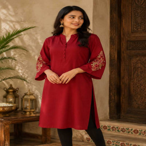 Maroon Cotton Embroidered Kurti