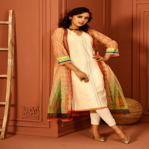Off White Jacquard Cotton Printed & Embroidered Kurti Comes with Coaty