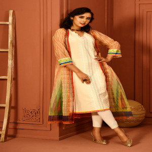 Off White Jacquard Cotton Printed & Embroidered Kurti Comes with Coaty