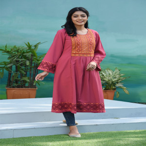 Mauve Pink Georgette Printed & Hand Embroidered Kurti