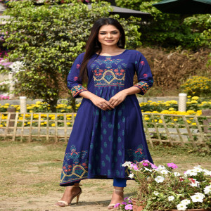 Navy Blue Linen Printed & Hand Embroidered Kurti
