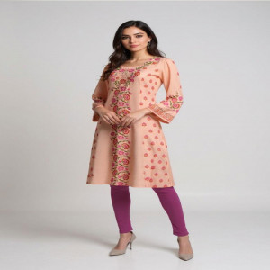 Peach Linen Printed Kurti