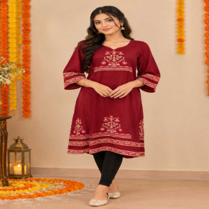 Maroon Linen Printed Kurti