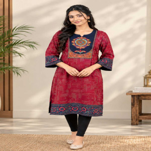 Maroon Linen Printed & Embroidered Kurti