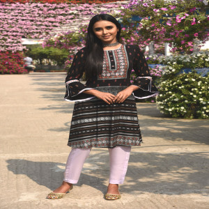 Black Linen Printed & Embroidered Kurti with Pant