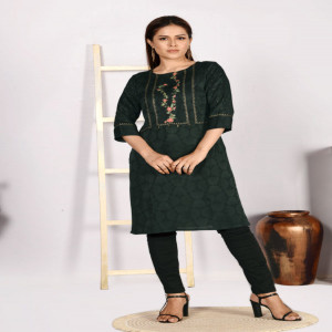 Forest Green Silk Printed & Embroidered Kurti