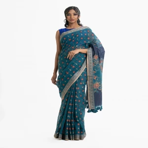 Teal Blue Cotton Saree