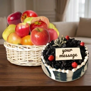 fruit-round-basket-and-black-forest-cake-1kg