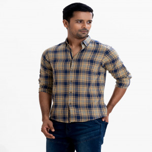 Brown & Blue Cotton Long Sleeve Casual Shirt