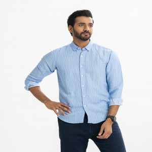 Blue Cotton Stripe Long Sleeve Casual Shirt