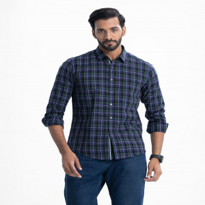 Blue Check Cotton Long Sleeve Casual Shirt