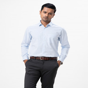 Sky Blue Cotton Long Sleeve Check Formal Shirt