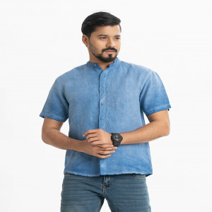 Blue Ramie Cotton Short Sleeve Casual Shirt