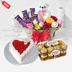 White Teddy ,Red Velvet & Flower Combo
