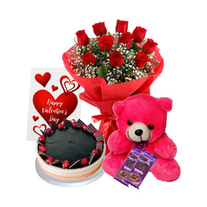Red Rose, Dairy Milk Silk  & Pink Teddy Bear