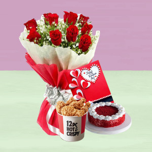 KFC Chicken  Bucket  With  Rose Bouquet & Cake
