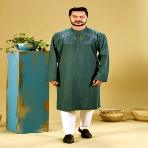 Forest Green Cotton Printed & Hand Embroidered Panjabi