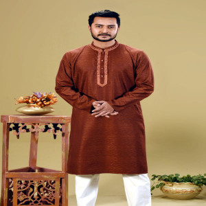 Coffee Coloured Cotton Embroidered Panjabi
