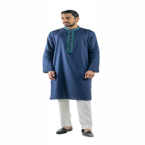Dark Navy Blue Cotton Hand Embroidered Panjabi