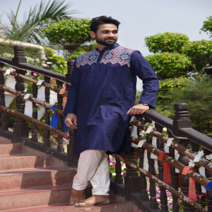 Navy Blue Cotton Printed Panjabi