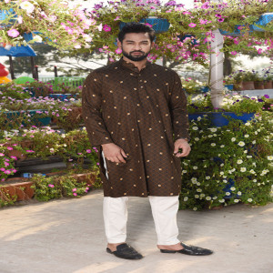 Wooden Brown Cotton Printed Panjabi