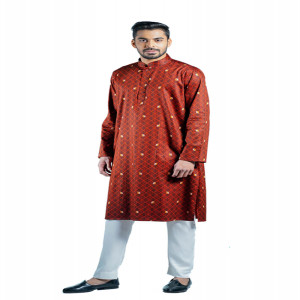 Crimson Red Cotton Printed Panjabi