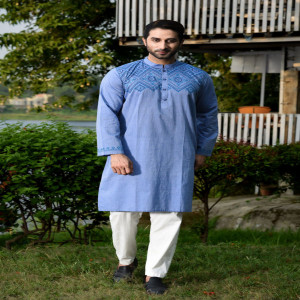 Blue Ash Cotton Printed Panjabi