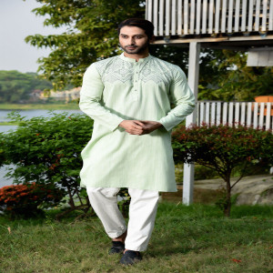 Lime Green Cotton Printed Panjabi