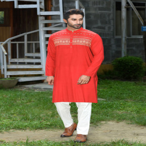 Red Cotton Printed Panjabi