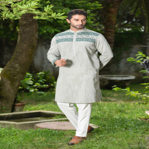 Olive Cotton Printed Panjabi