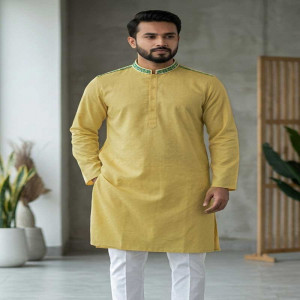 Cream Jacquard Cotton Embroidered Panjabi