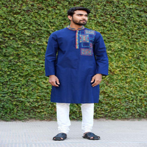 Blue Jacquard Cotton Printed & Hand Embroidered Panjabi