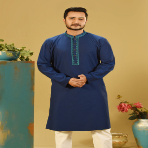 Navy Blue Cotton Karchupi Ornamented Panjabi