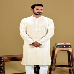 White Weave Designed Cotton Embroidered Panjabi with Sequin Work