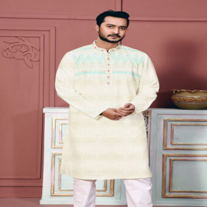 Off White Jacquard Cotton Printed & Embroidered Panjabi