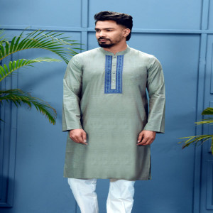 Sage Green Cotton Hand Embroidered Panjabi