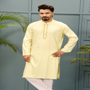 Flaxen Yellow Cotton Embroidered Panjabi