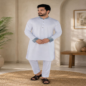 White Jacquard Cotton Embroidered Panjabi