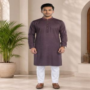 Scarlet Brown Jacquard Cotton Embroidered Panjabi