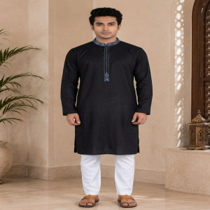 Black Jacquard Cotton Karchupi Ornamented Panjabi