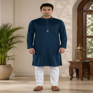 Teal Blue Jacquard Cotton Printed Panjabi
