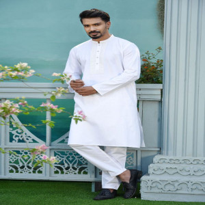 Pearl White Jacquard Cotton Printed & Hand Embroidered Panjabi
