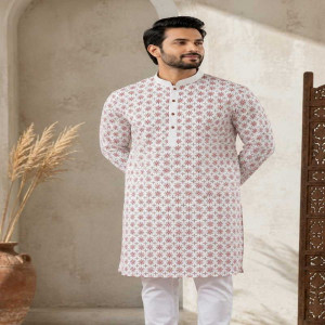 Off White Cotton Printed Panjabi