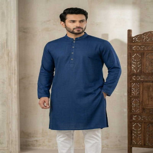 Teal Blue Jacquard Cotton Printed Panjabi