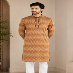 Brown Cotton Printed & Hand Embroidered Panjabi