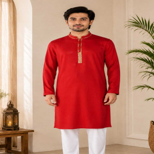 Red Jacquard Cotton Embroidered Panjabi