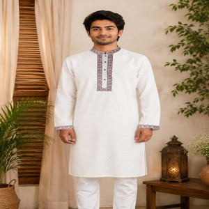Pearl White Jacquard Cotton Printed & Embroidered Panjabi