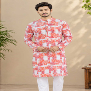 Off White Cotton Printed Panjabi